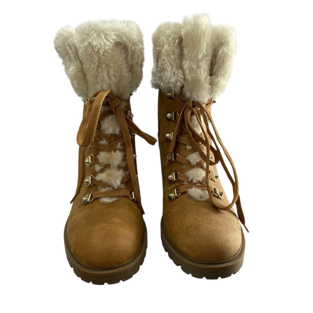 Guess‎ Hiker Grunge Fur Lug Sole Sweater Ankle Booties 9M Camel Chunky Jursy New - Picture 3 of 10